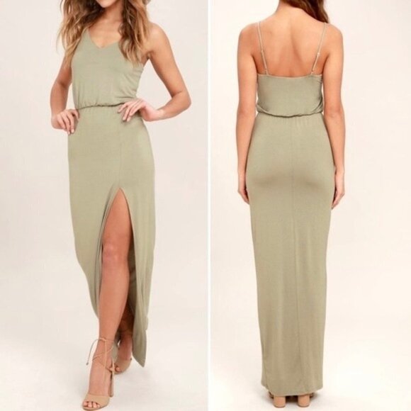 Lulus Watch the Sunset Washed Olive Green Maxi Dress Size M side slit jersey - Picture 1 of 12